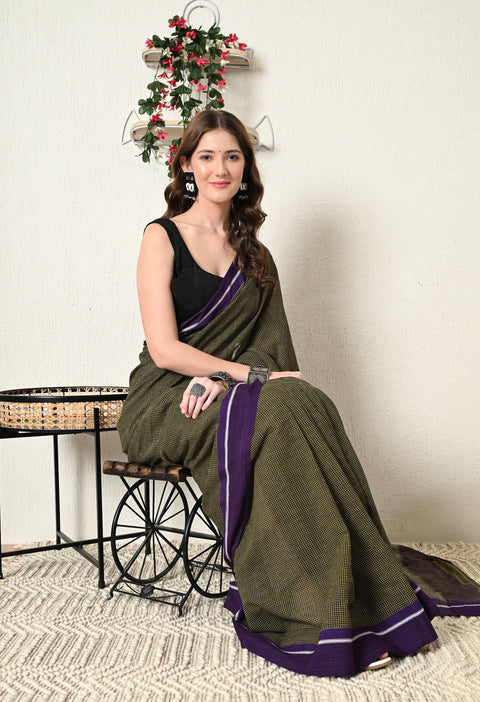 Nitara Handwoven Patteda Anchu   Cotton Checked Saree - Mustard Yellow