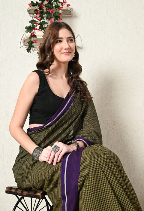 Nitara Handwoven Patteda Anchu   Cotton Checked Saree - Mustard Yellow