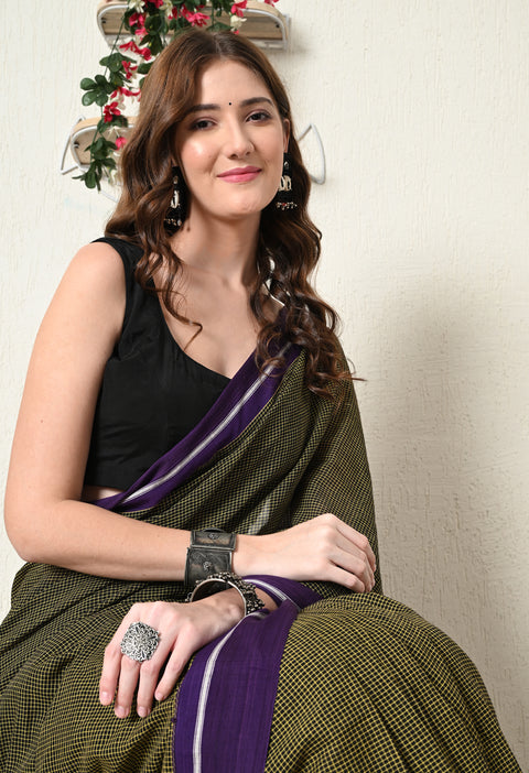 Nitara Handwoven Patteda Anchu   Cotton Checked Saree - Mustard Yellow