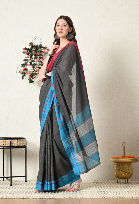 Nimeesha Handwoven Patteda Anchu   Cotton Checked Saree - Black