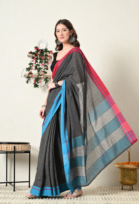 Nimeesha Handwoven Patteda Anchu   Cotton Checked Saree - Black