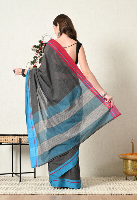 Nimeesha Handwoven Patteda Anchu   Cotton Checked Saree - Black