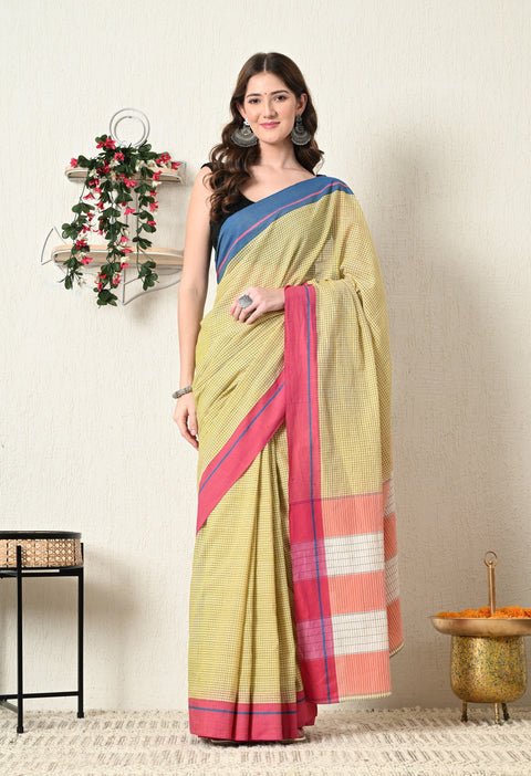 Niyati Handwoven Patteda Anchu   Cotton Checked Saree - Yellow
