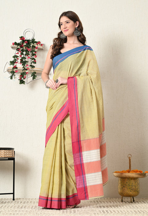 Niyati Handwoven Patteda Anchu   Cotton Checked Saree - Yellow