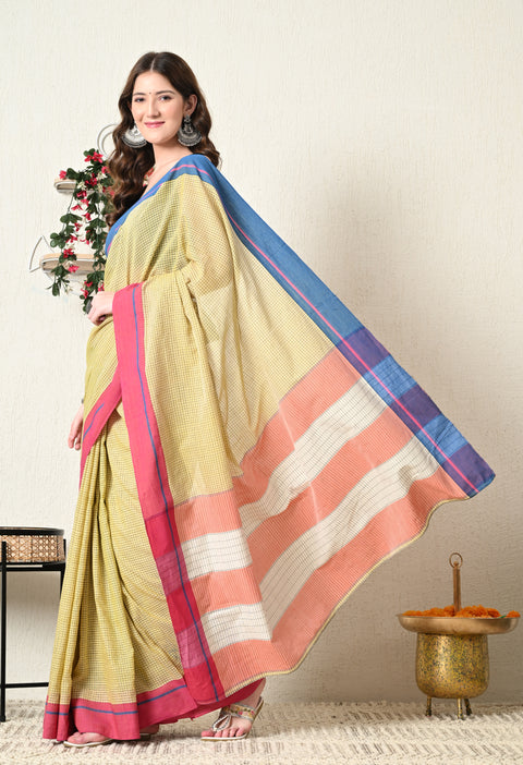 Niyati Handwoven Patteda Anchu   Cotton Checked Saree - Yellow
