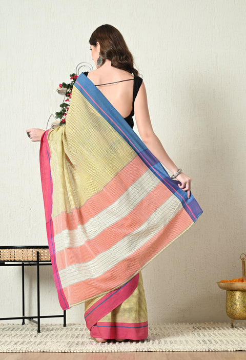Niyati Handwoven Patteda Anchu   Cotton Checked Saree - Yellow
