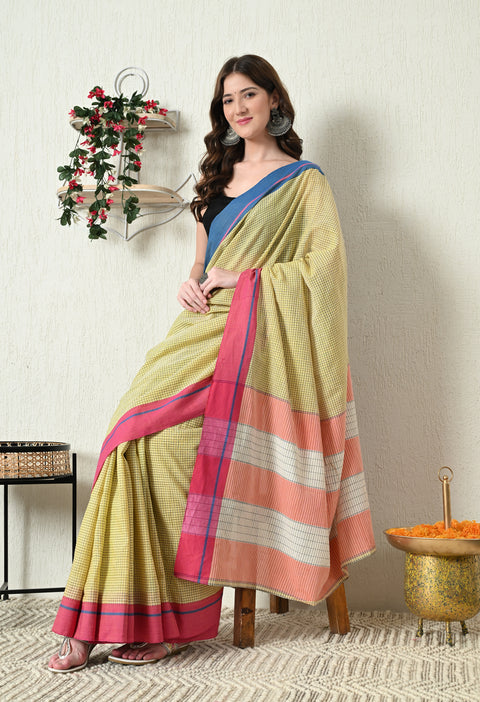Niyati Handwoven Patteda Anchu   Cotton Checked Saree - Yellow