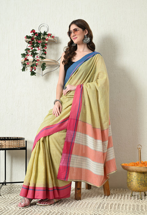 Niyati Handwoven Patteda Anchu   Cotton Checked Saree - Yellow