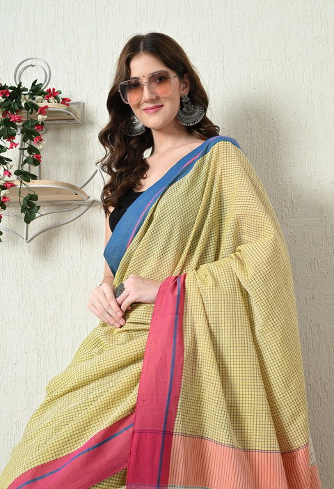 Niyati Handwoven Patteda Anchu   Cotton Checked Saree - Yellow