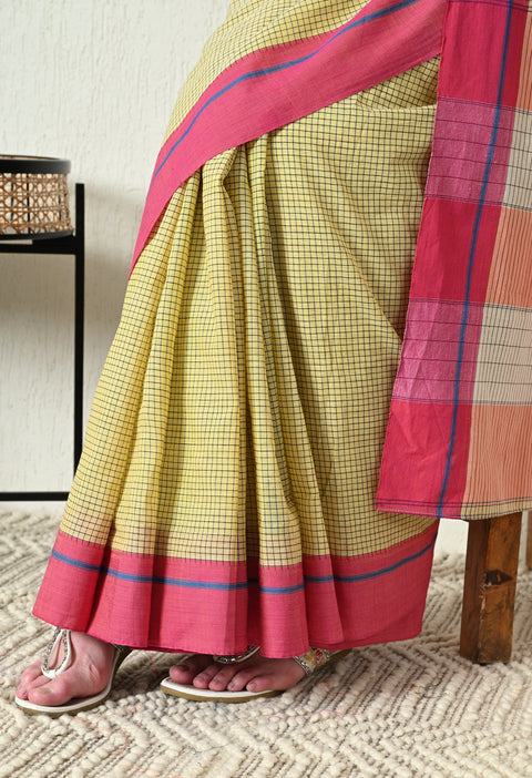 Niyati Handwoven Patteda Anchu   Cotton Checked Saree - Yellow