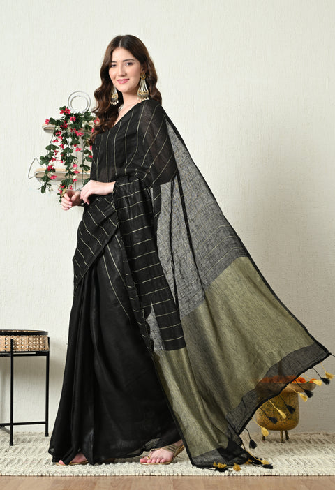 Handwoven Pure Linen Saree with Golden Zari - Black