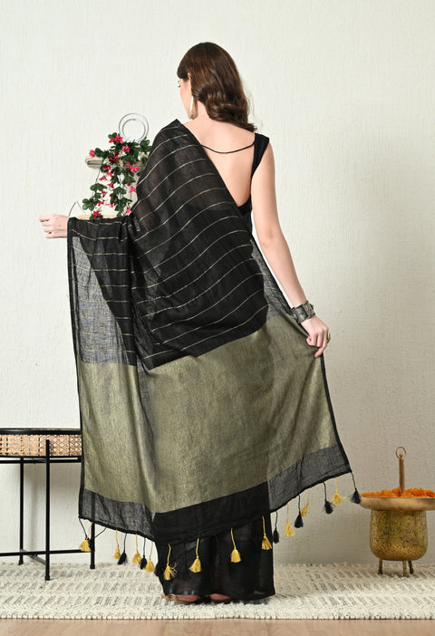 Handwoven Pure Linen Saree with Golden Zari - Black