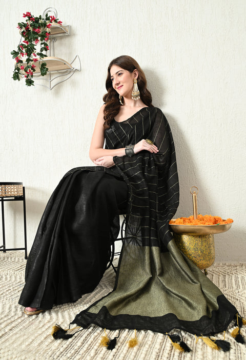 Handwoven Pure Linen Saree with Golden Zari - Black