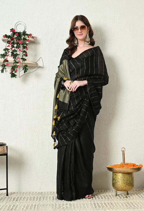 Handwoven Pure Linen Saree with Golden Zari - Black