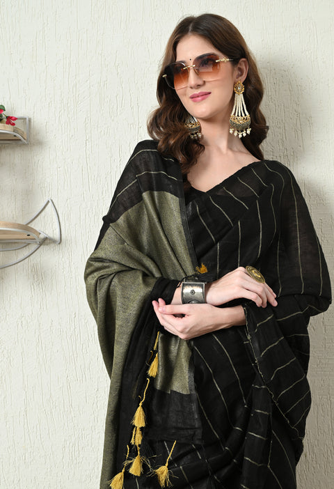 Handwoven Pure Linen Saree with Golden Zari - Black