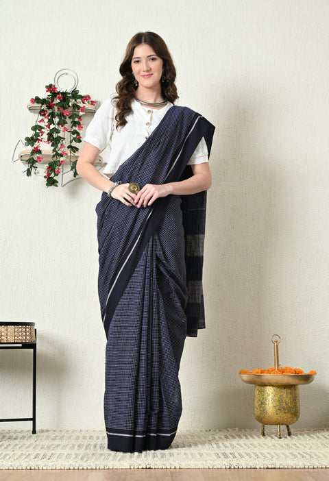 Prisha Handwoven Patteda Anchu   Cotton Checked Saree - Dark Blue