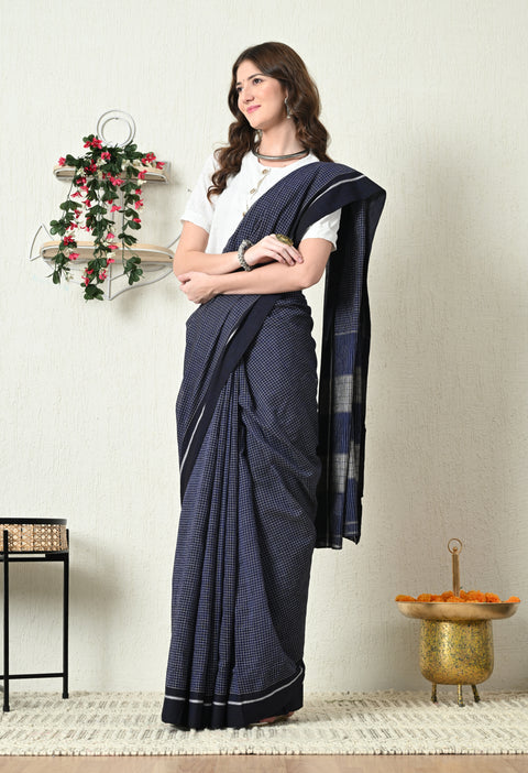 Prisha Handwoven Patteda Anchu   Cotton Checked Saree - Dark Blue