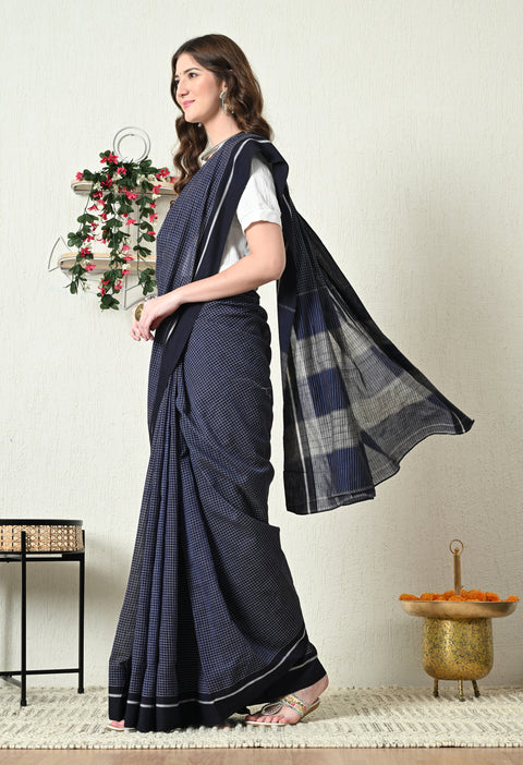Prisha Handwoven Patteda Anchu   Cotton Checked Saree - Dark Blue