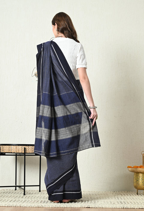 Prisha Handwoven Patteda Anchu   Cotton Checked Saree - Dark Blue
