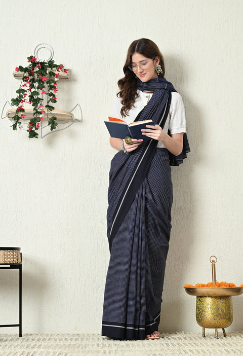 Prisha Handwoven Patteda Anchu   Cotton Checked Saree - Dark Blue
