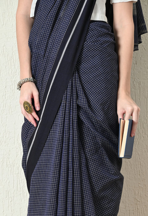 Prisha Handwoven Patteda Anchu   Cotton Checked Saree - Dark Blue