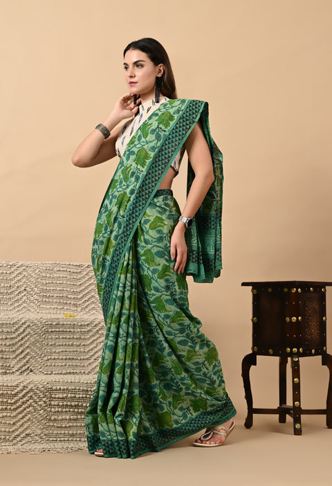 Hand Block Printed Ajrakh Cotton Saree - Green