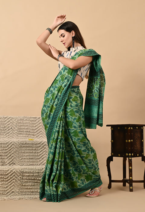 Hand Block Printed Ajrakh Cotton Saree - Green