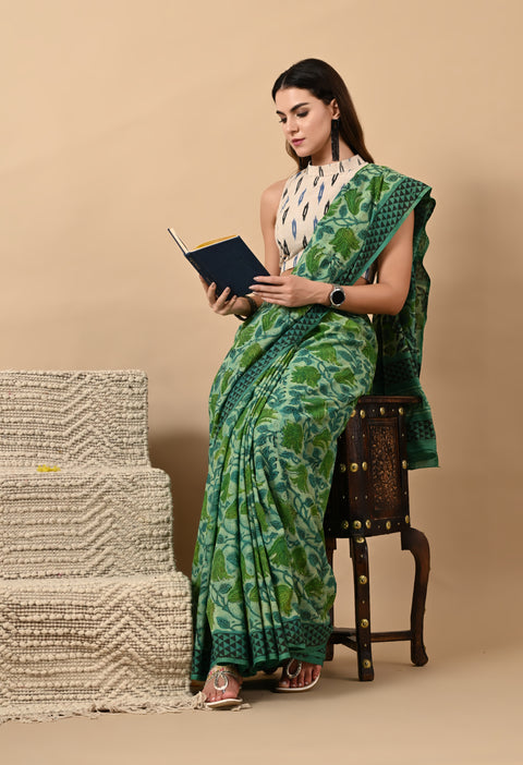 Hand Block Printed Ajrakh Cotton Saree - Green