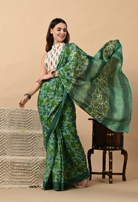 Hand Block Printed Ajrakh Cotton Saree - Green