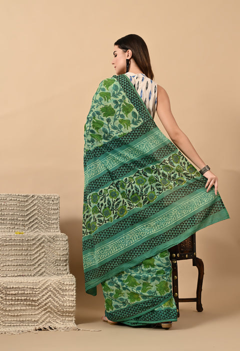 Hand Block Printed Ajrakh Cotton Saree - Green