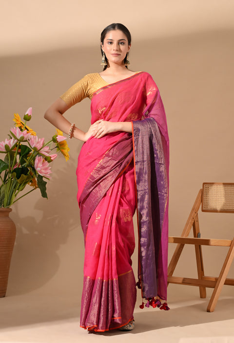 Handwoven Mul Cotton Zari Hibiscus Flower Saree - Pink/Purple