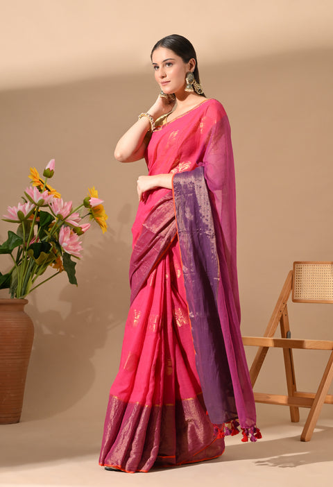 Handwoven Mul Cotton Zari Hibiscus Flower Saree - Pink/Purple