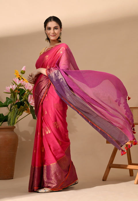 Handwoven Mul Cotton Zari Hibiscus Flower Saree - Pink/Purple