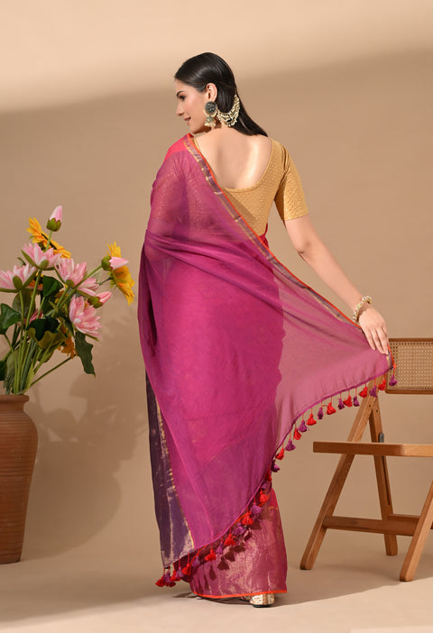Handwoven Mul Cotton Zari Hibiscus Flower Saree - Pink/Purple
