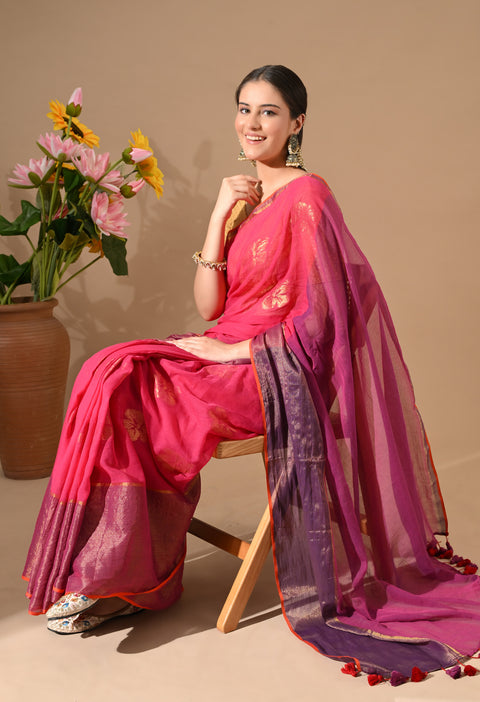 Handwoven Mul Cotton Zari Hibiscus Flower Saree - Pink/Purple