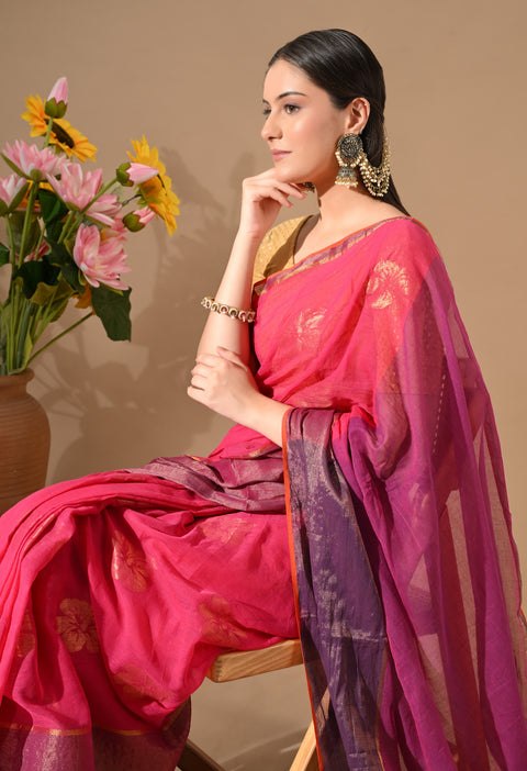 Handwoven Mul Cotton Zari Hibiscus Flower Saree - Pink/Purple
