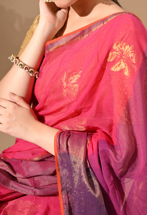 Handwoven Mul Cotton Zari Hibiscus Flower Saree - Pink/Purple