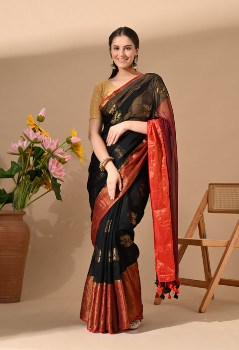 Handwoven Mul Cotton Zari Hibiscus Flower Saree - Black/Red