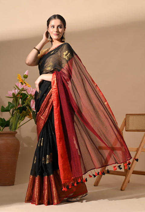 Handwoven Mul Cotton Zari Hibiscus Flower Saree - Black/Red