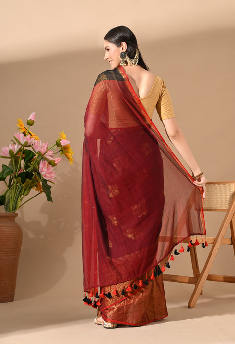 Handwoven Mul Cotton Zari Hibiscus Flower Saree - Black/Red