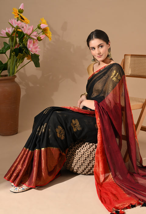 Handwoven Mul Cotton Zari Hibiscus Flower Saree - Black/Red