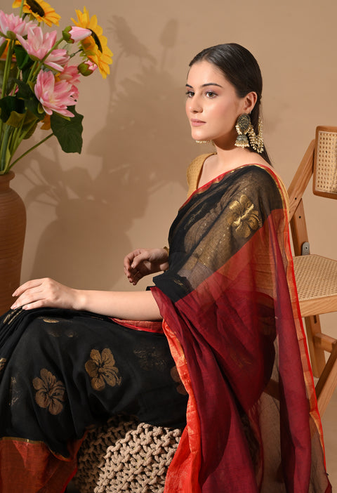 Handwoven Mul Cotton Zari Hibiscus Flower Saree - Black/Red