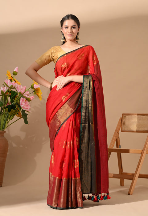 Handwoven Mul Cotton Zari Hibiscus Flower Saree - Red/Green