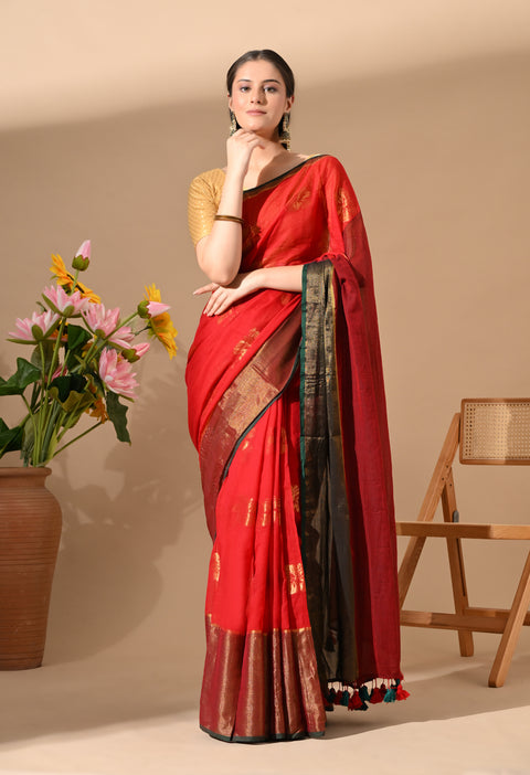 Handwoven Mul Cotton Zari Hibiscus Flower Saree - Red/Green