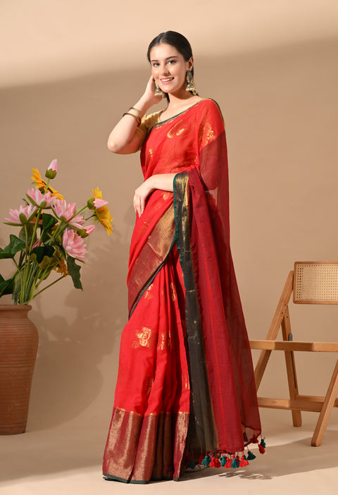 Handwoven Mul Cotton Zari Hibiscus Flower Saree - Red/Green