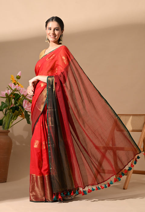 Handwoven Mul Cotton Zari Hibiscus Flower Saree - Red/Green