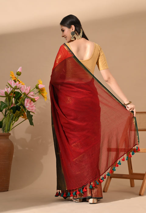 Handwoven Mul Cotton Zari Hibiscus Flower Saree - Red/Green