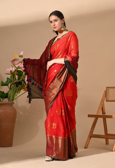 Handwoven Mul Cotton Zari Hibiscus Flower Saree - Red/Green