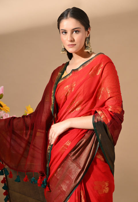 Handwoven Mul Cotton Zari Hibiscus Flower Saree - Red/Green
