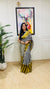 Grey Handwoven Linen Saree with Golden Hand spun Zari borders and stripes on Pallu